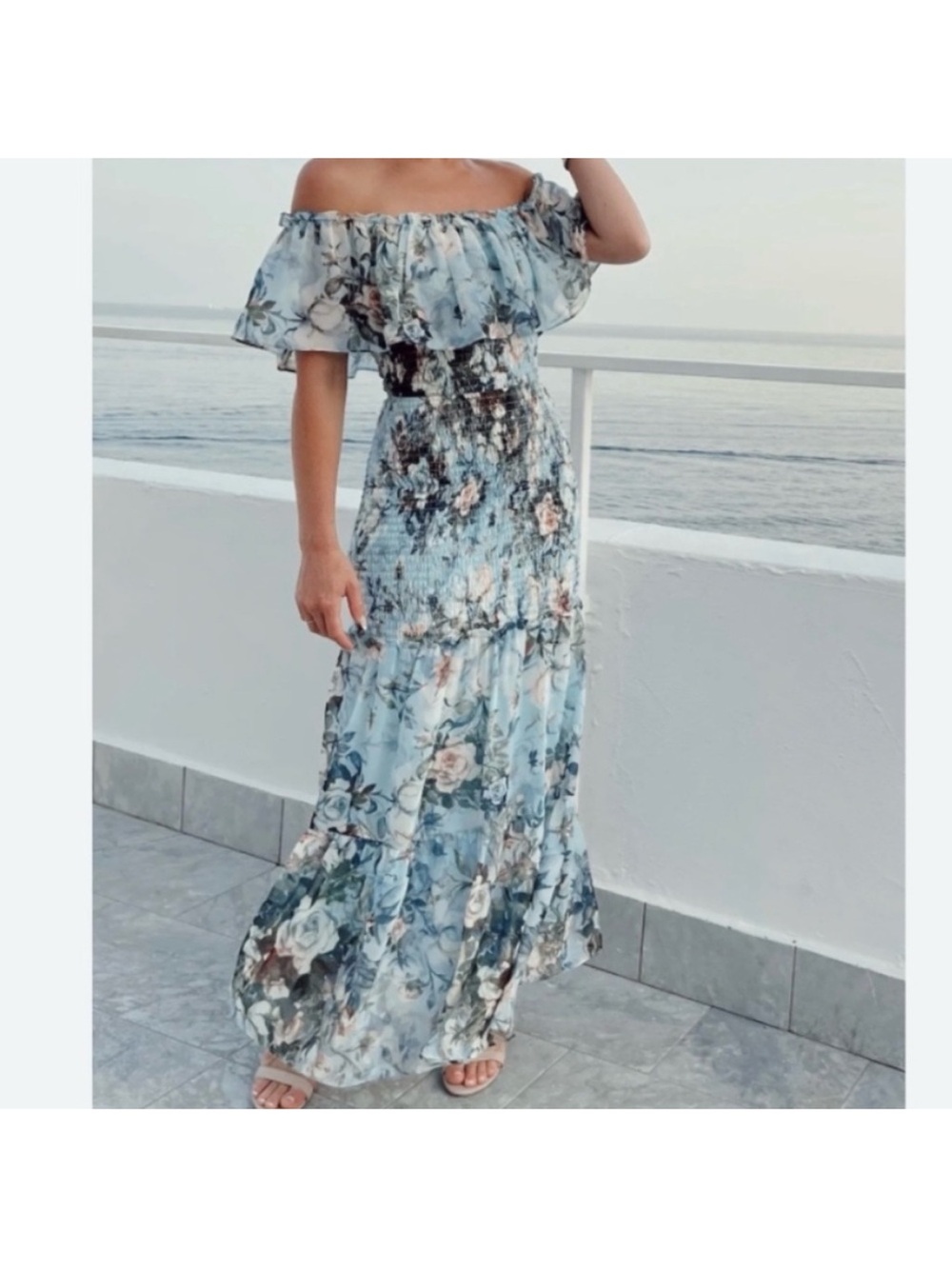 Baltic Born Amalfi Smocked Maxi Dress blue floral size large NWT